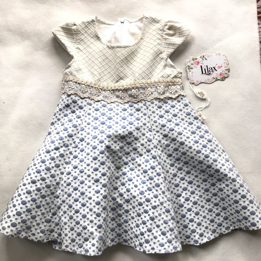 NWT LILAX Blue Gold Sparkle Polka Dot Lace Dress